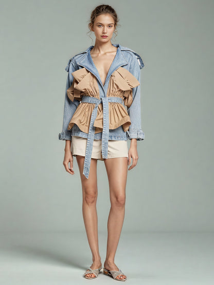 Denim & Khaki Ruffled Belted Jacket - SISPELL