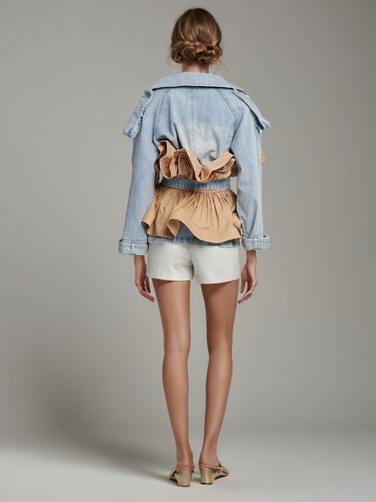 Denim & Khaki Ruffled Belted Jacket - SISPELL