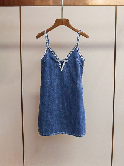 Denim V - neck Patchwork Diamonds Short Dress - SISPELL