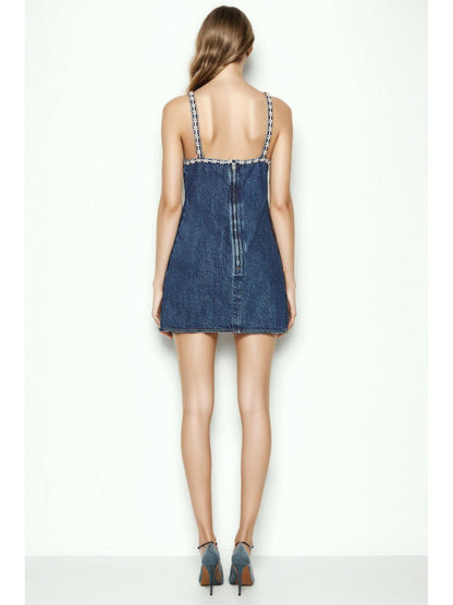 Denim V - neck Patchwork Diamonds Short Dress - SISPELL