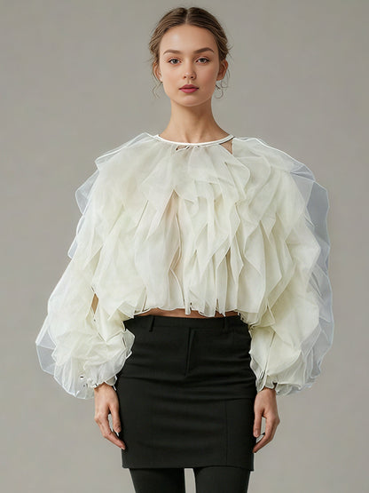 Dreamy Apricot Ruffled Organza Crop Top - SISPELL