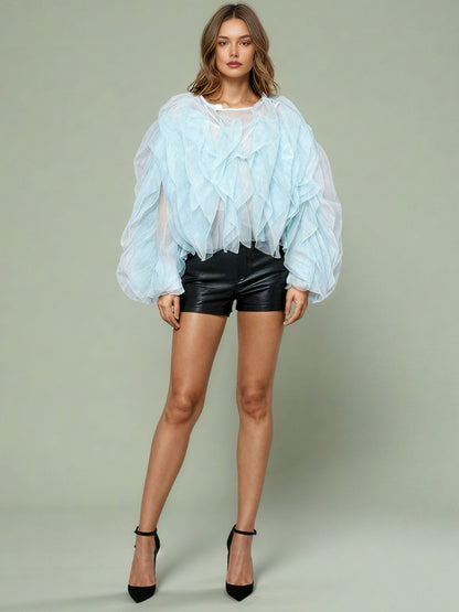Dreamy Blue Ruffled Organza Crop Top - SISPELL