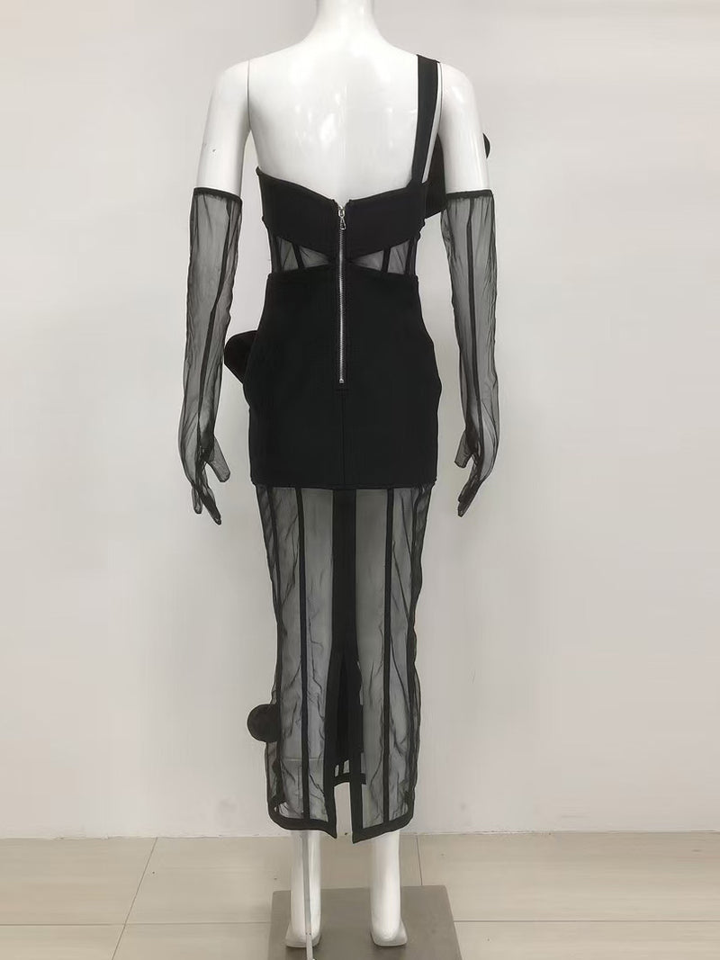 Off Shoulder Mesh Patchwork Backless Midi Dress