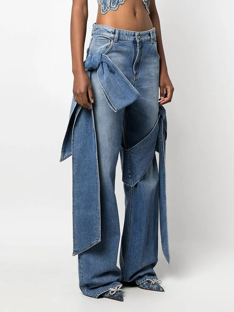 Casual Patchwork Bowknot Denim Pants