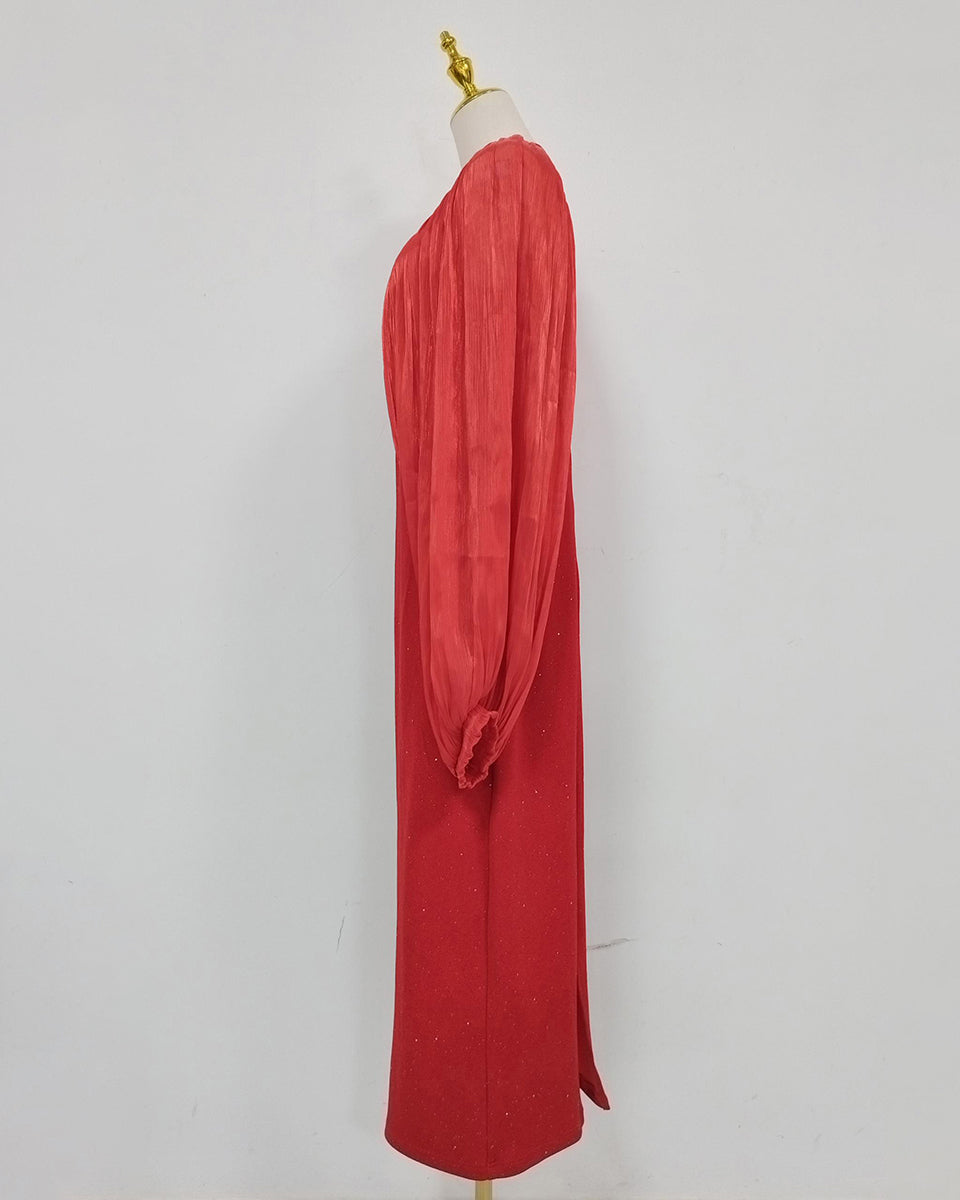 Red Sparkly Sheer Chiffon Lantern Sleeves Midi Dress