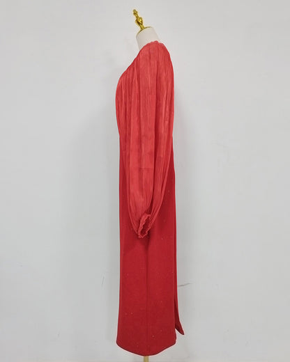Red Sparkly Sheer Chiffon Lantern Sleeves Midi Dress
