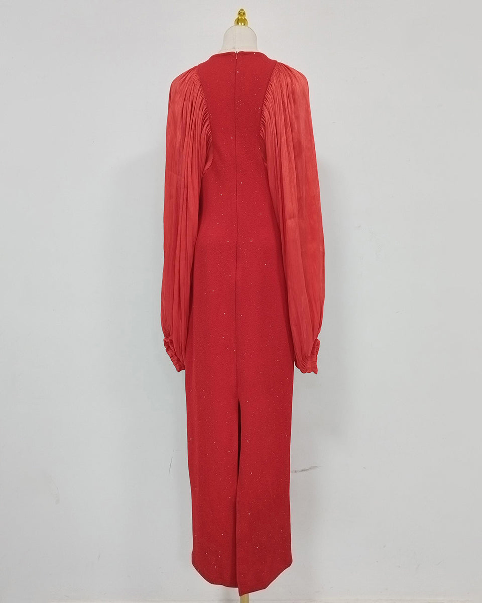 Red Sparkly Sheer Chiffon Lantern Sleeves Midi Dress