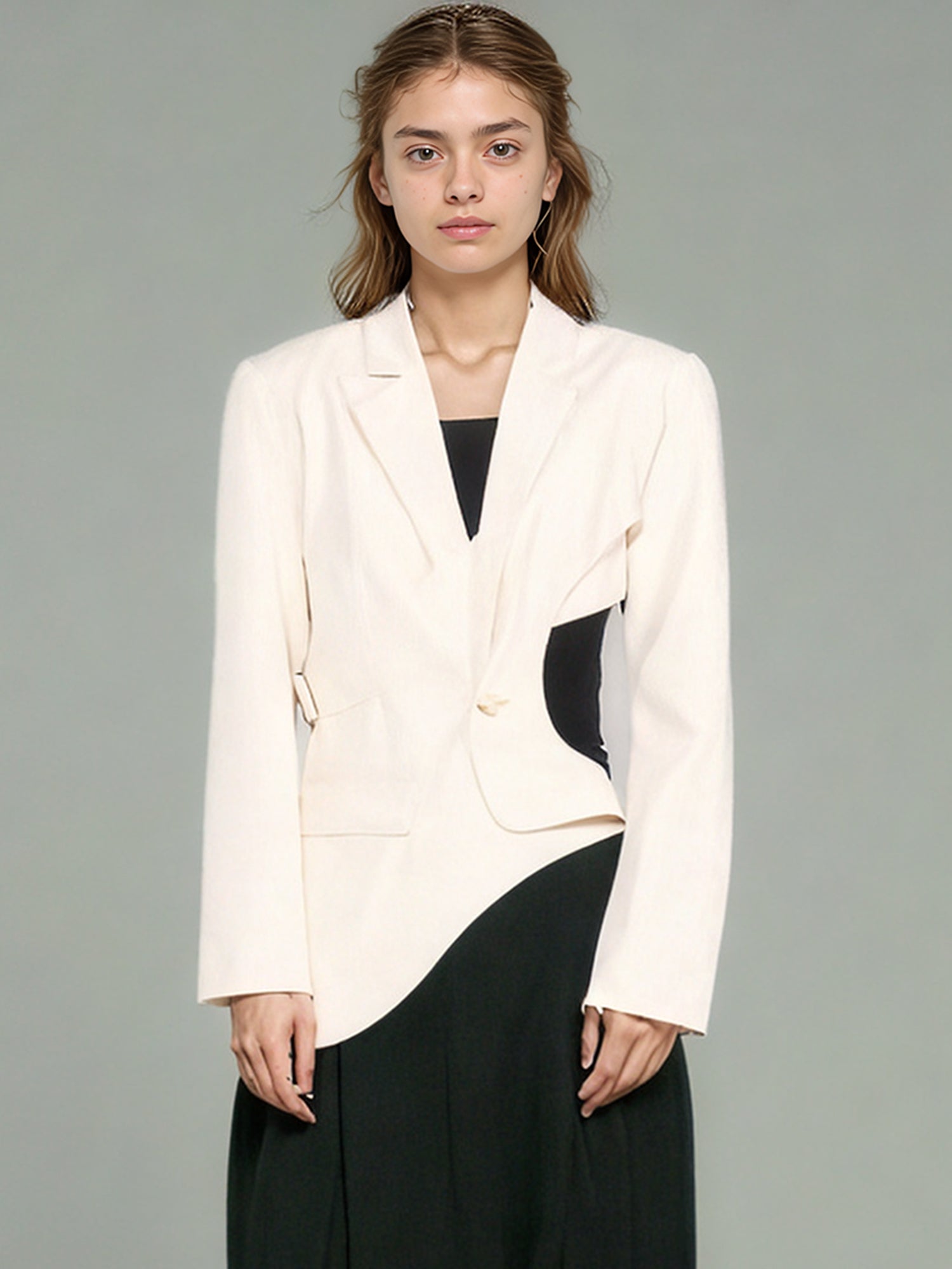Edgy Apricot Cutout Asymmetric Blazer with Belt Detail - SISPELL