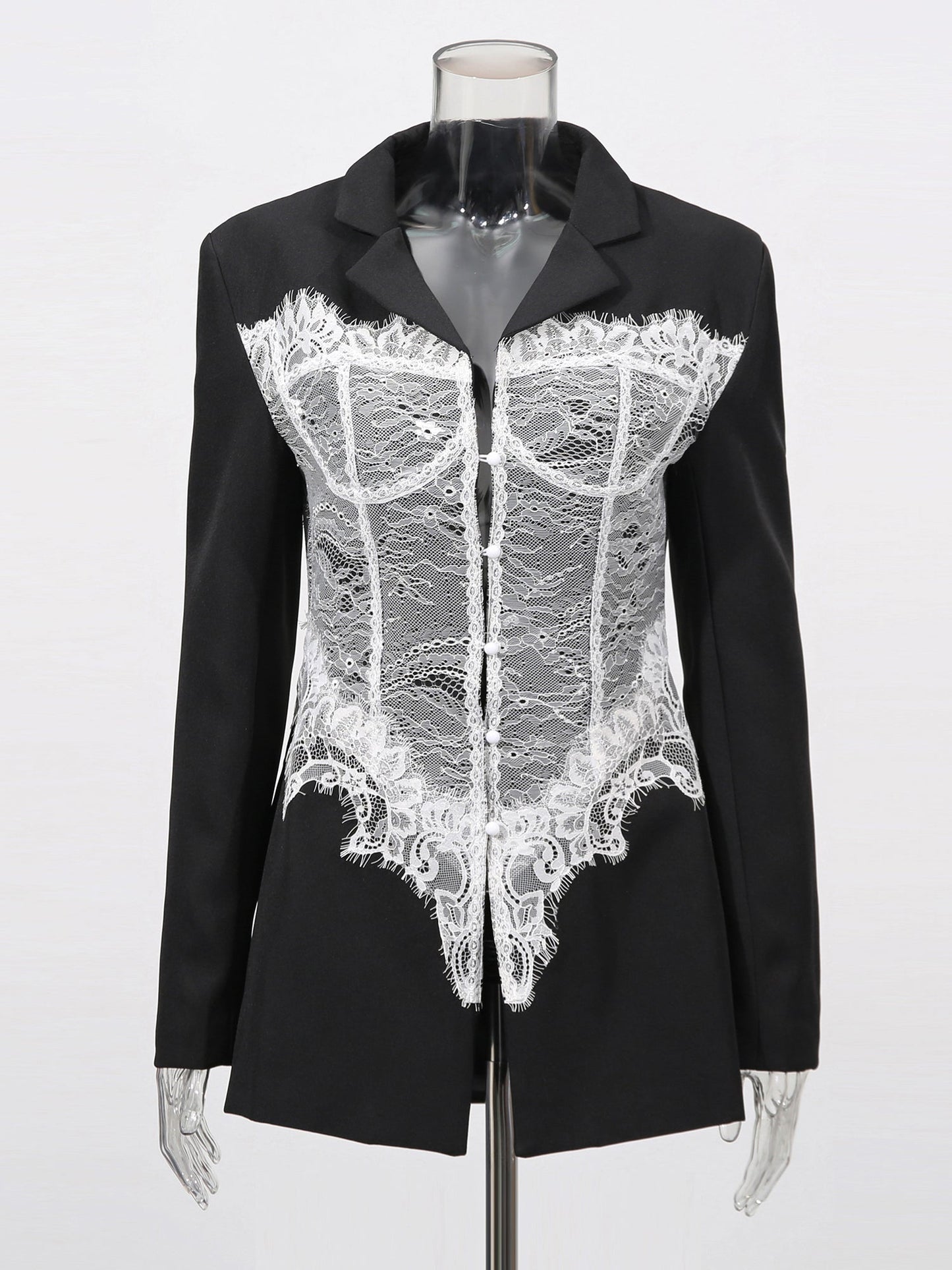 Edgy Black Blazer with White Lace Corset Detail - SISPELL