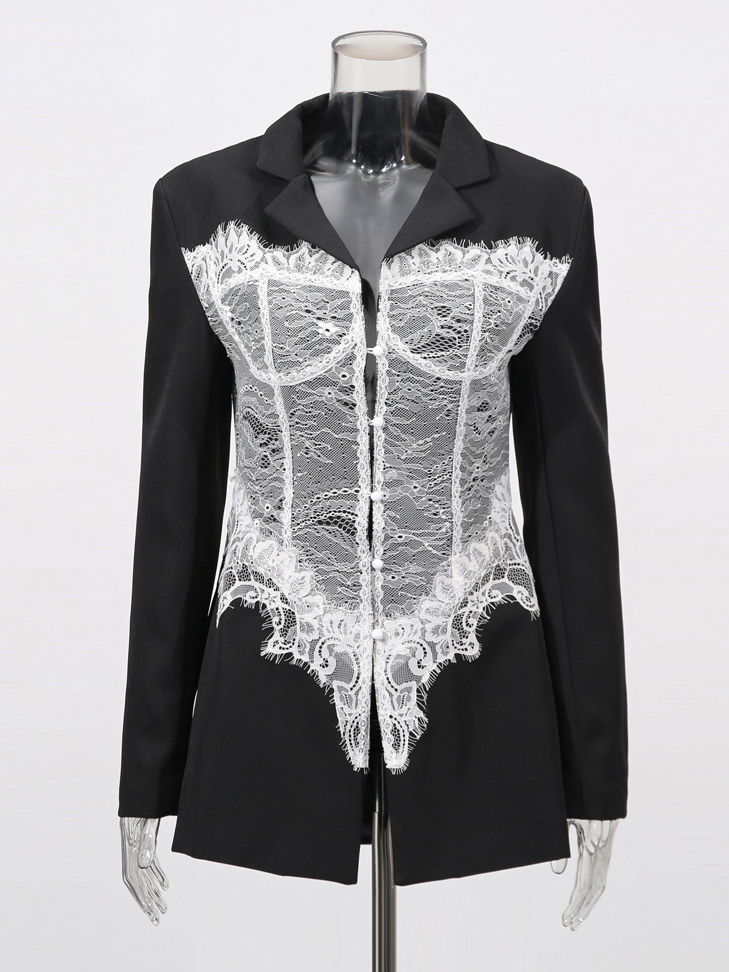 Edgy Black Blazer with White Lace Corset Detail - SISPELL