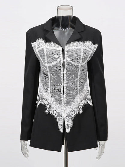 Edgy Black Blazer with White Lace Corset Detail - SISPELL