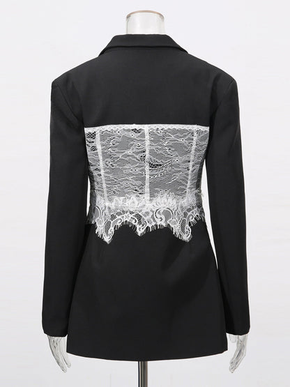 Edgy Black Blazer with White Lace Corset Detail - SISPELL