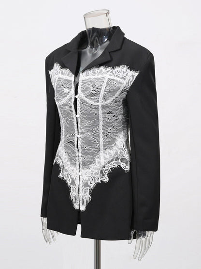 Edgy Black Blazer with White Lace Corset Detail - SISPELL