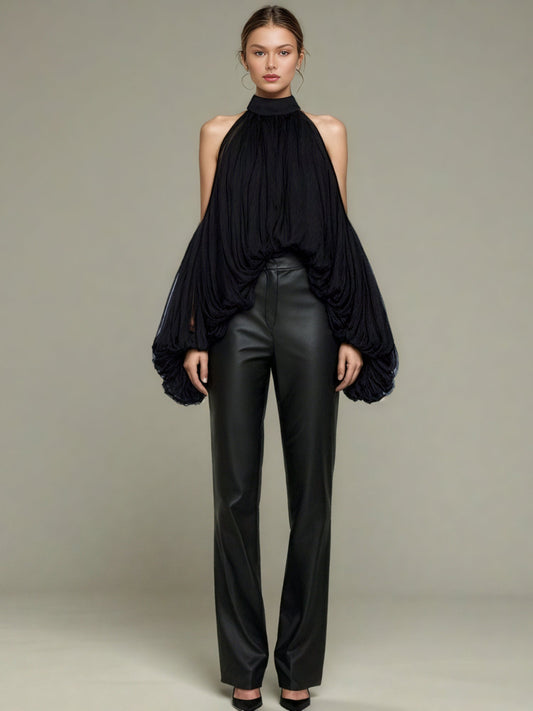 Edgy Black Halter Neck Draped Puff Sleeve Blouse - SISPELL