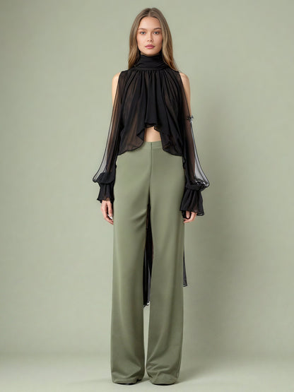 Edgy Black Sheer High Neck Asymmetric Blouse - SISPELL