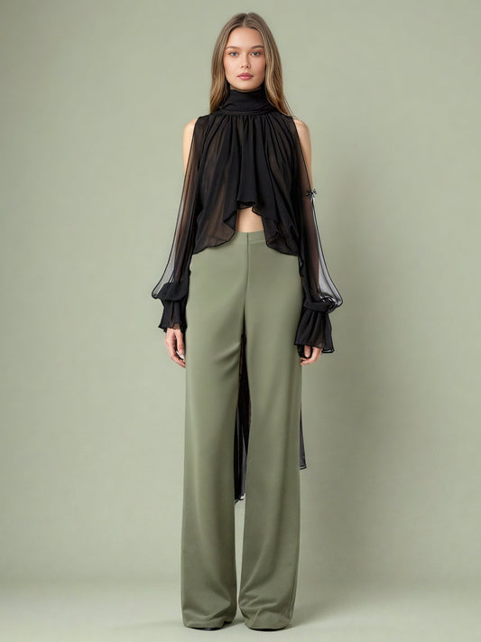 Edgy Black Sheer High Neck Asymmetric Blouse - SISPELL