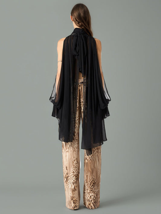 Edgy Black Sheer High Neck Asymmetric Blouse - SISPELL