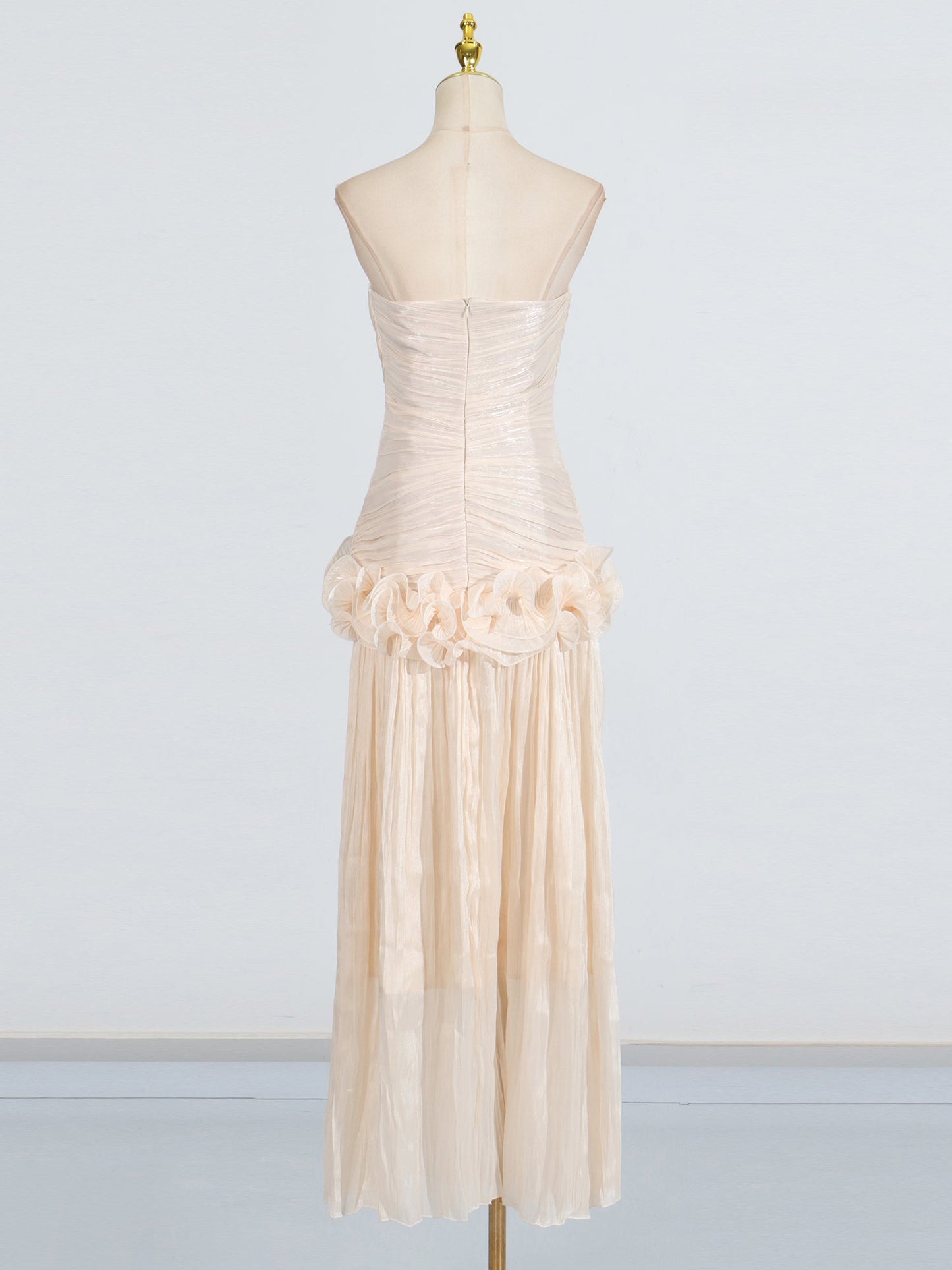 Elegant Apricot Strapless Maxi Dress with Ruffled Detail - SISPELL