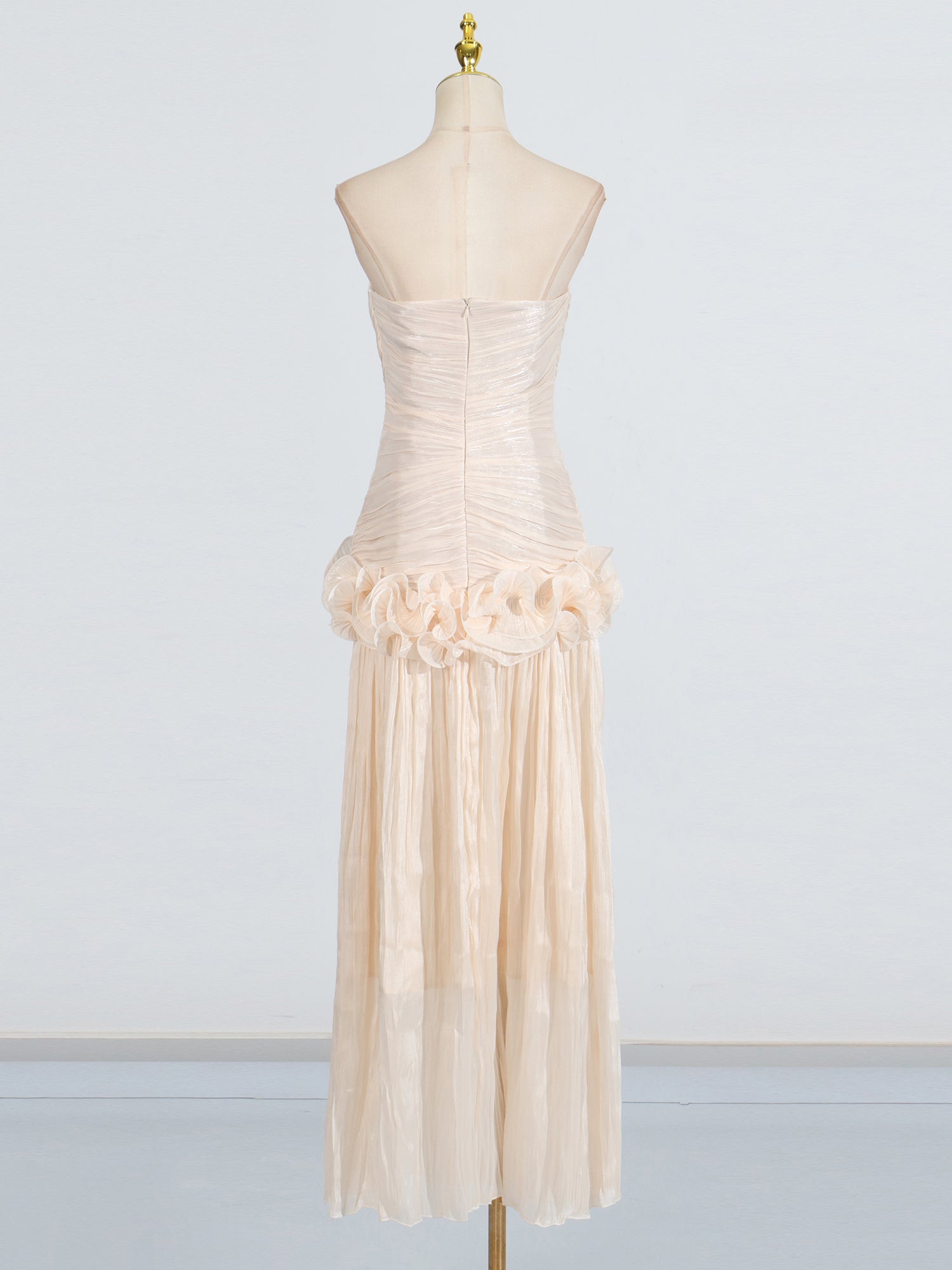 Elegant Apricot Strapless Maxi Dress with Ruffled Detail - SISPELL