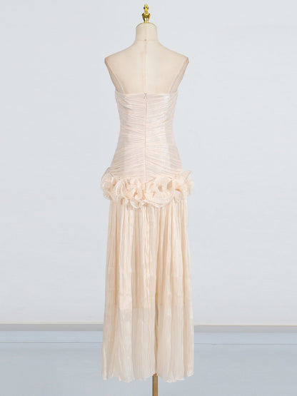 Elegant Apricot Strapless Maxi Dress with Ruffled Detail - SISPELL