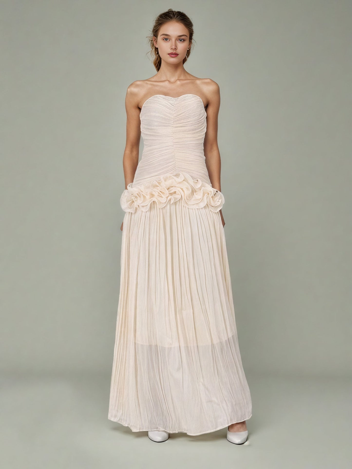 Elegant Apricot Strapless Maxi Dress with Ruffled Detail - SISPELL