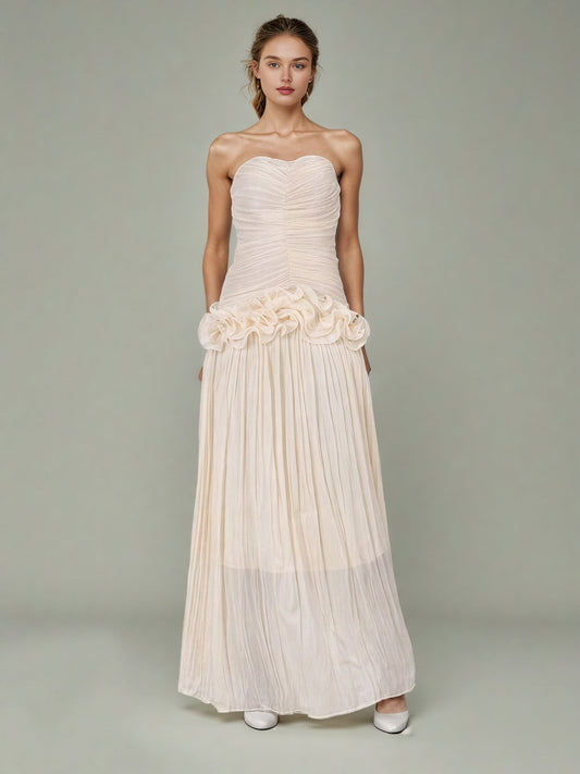 Elegant Apricot Strapless Maxi Dress with Ruffled Detail - SISPELL