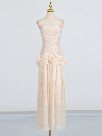 Elegant Apricot Strapless Maxi Dress with Ruffled Detail - SISPELL