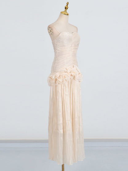 Elegant Apricot Strapless Maxi Dress with Ruffled Detail - SISPELL