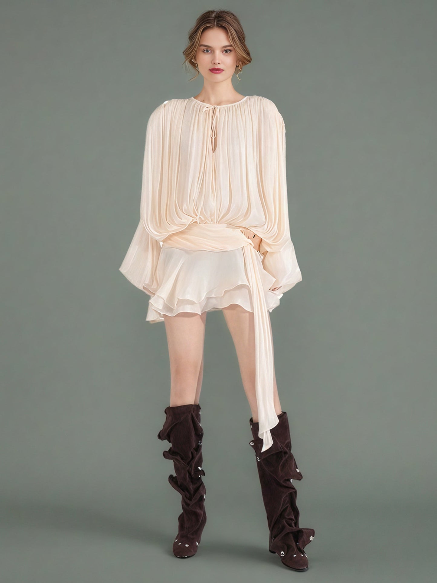 Elegant Apricot Tie - Neck Wrap Mini Dress - SISPELL