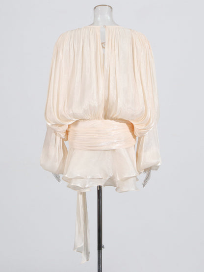 Elegant Apricot Tie - Neck Wrap Mini Dress - SISPELL