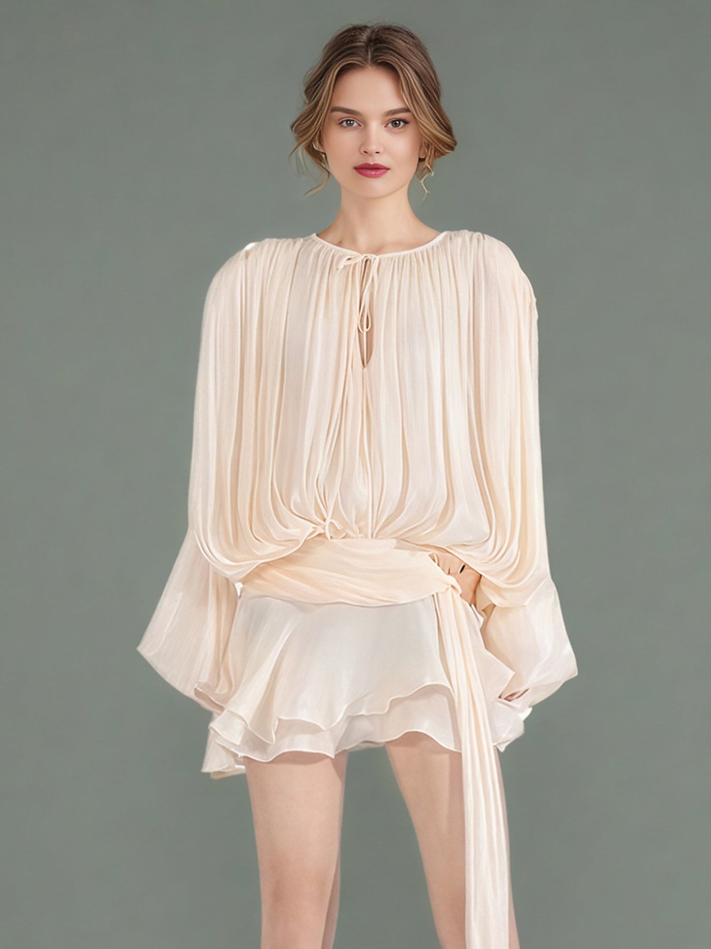 Elegant Apricot Tie - Neck Wrap Mini Dress - SISPELL