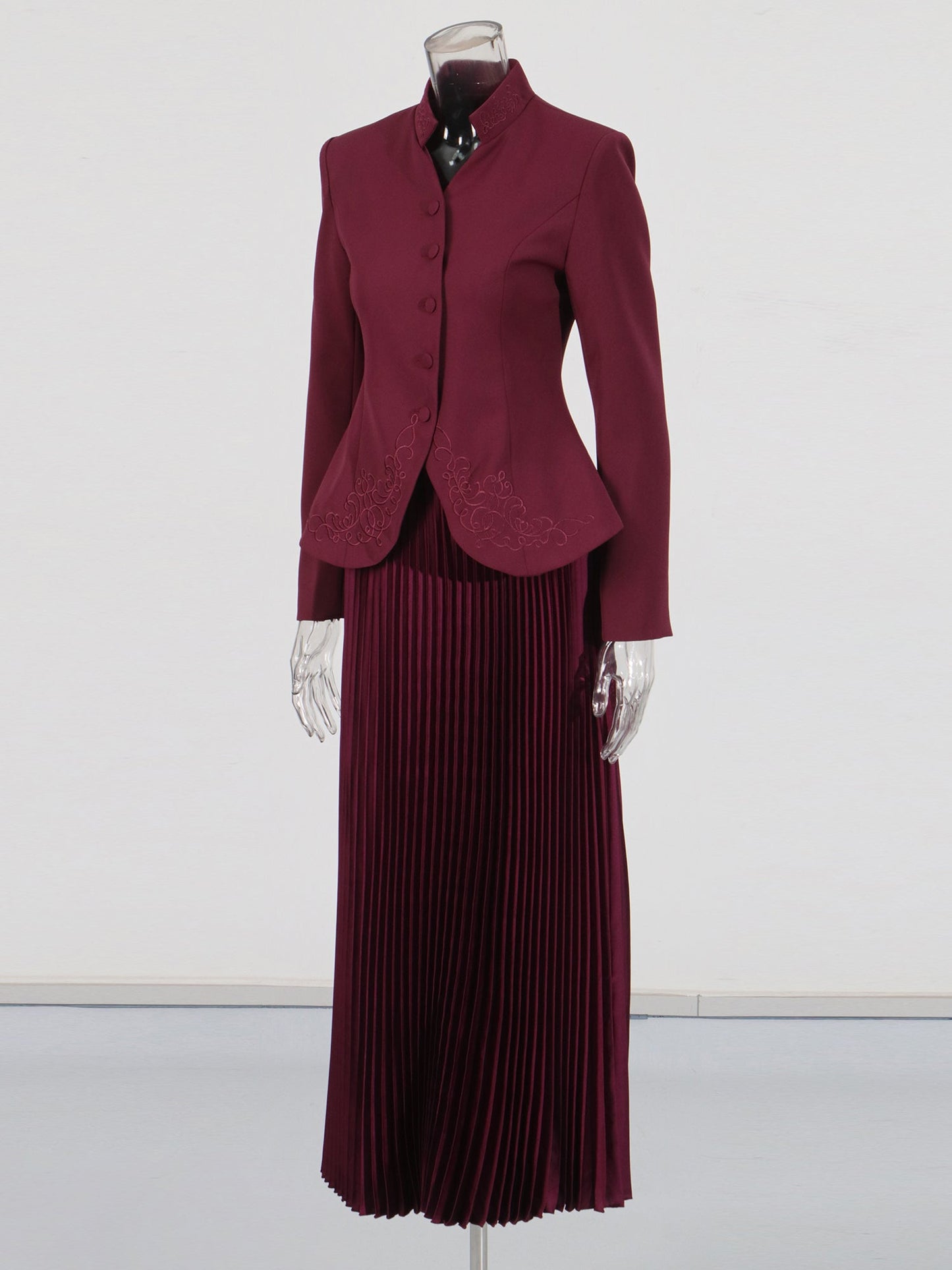 Elegant Burgundy Embroidered Jacket and Pleated Skirt Suit - SISPELL