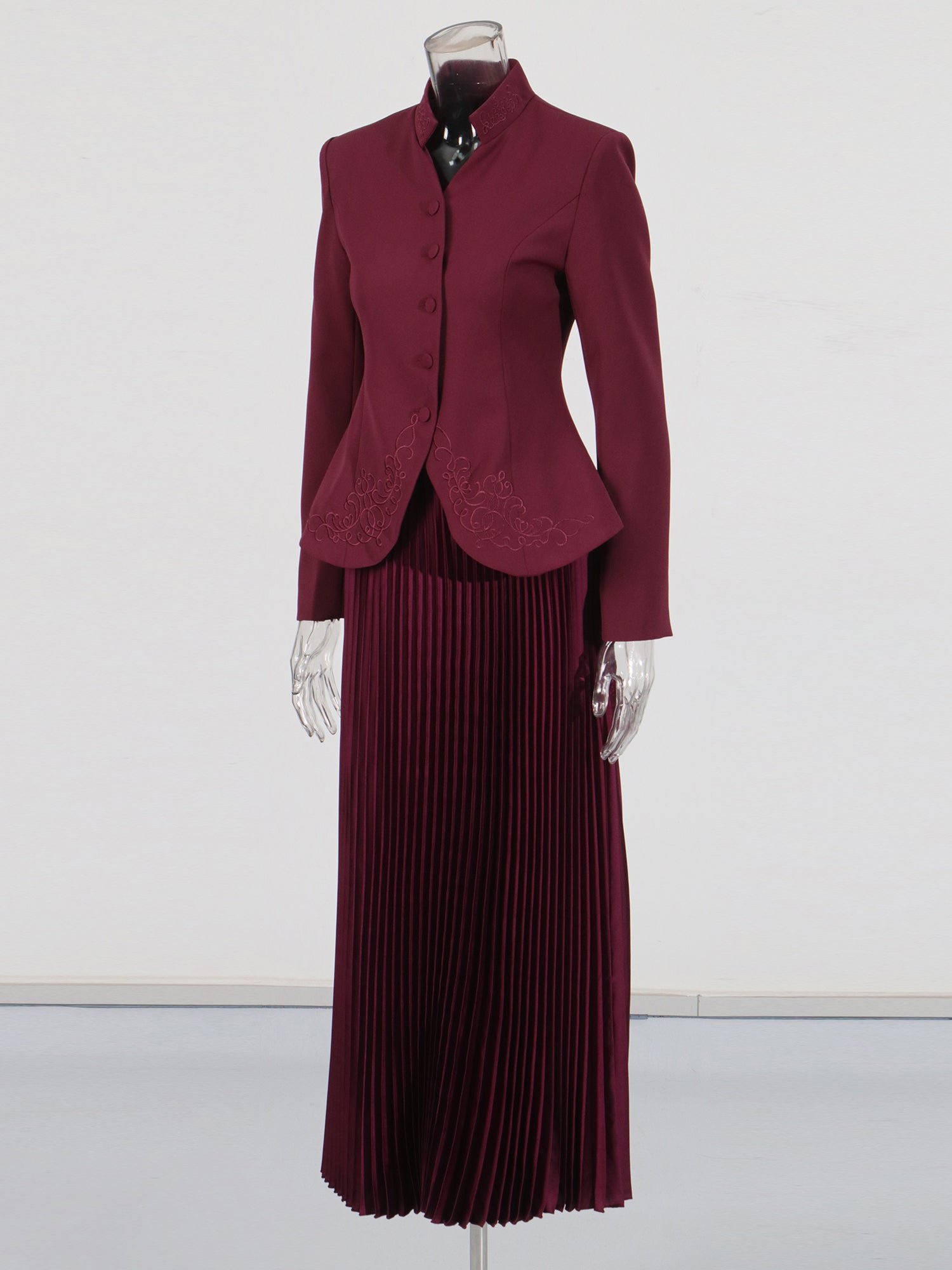 Elegant Burgundy Embroidered Jacket and Pleated Skirt Suit - SISPELL