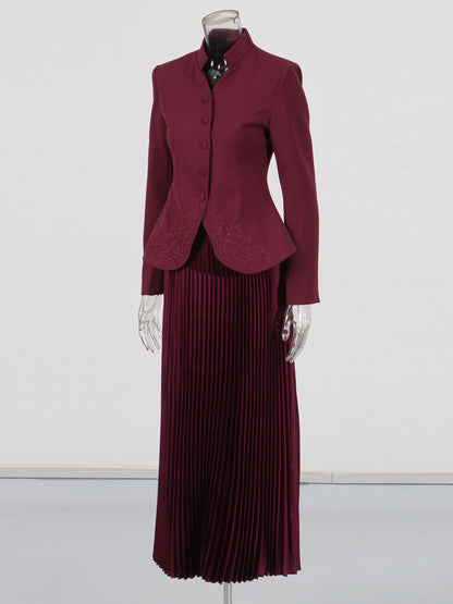 Elegant Burgundy Embroidered Jacket and Pleated Skirt Suit - SISPELL