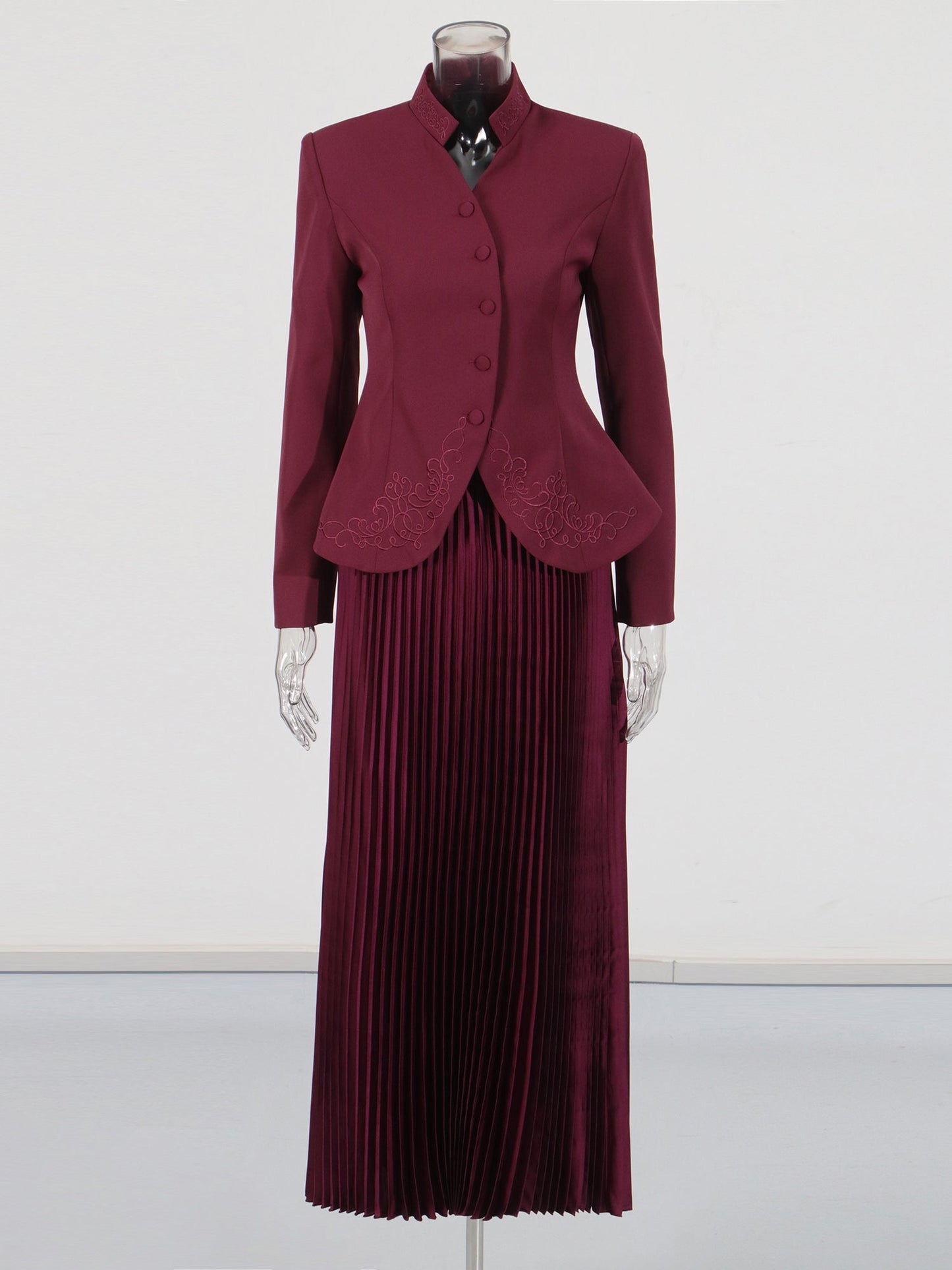 Elegant Burgundy Embroidered Jacket and Pleated Skirt Suit - SISPELL