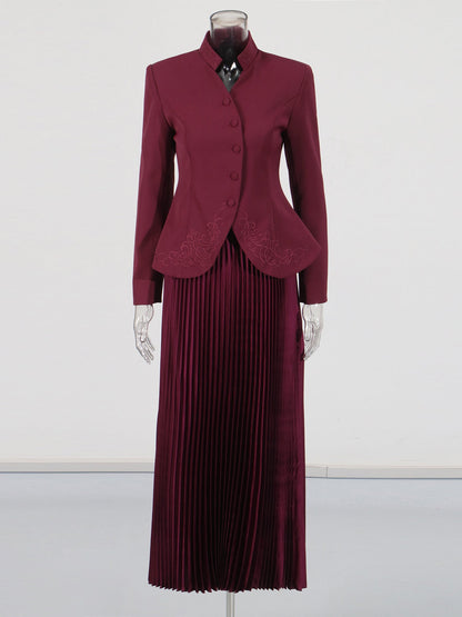 Elegant Burgundy Embroidered Jacket and Pleated Skirt Suit - SISPELL