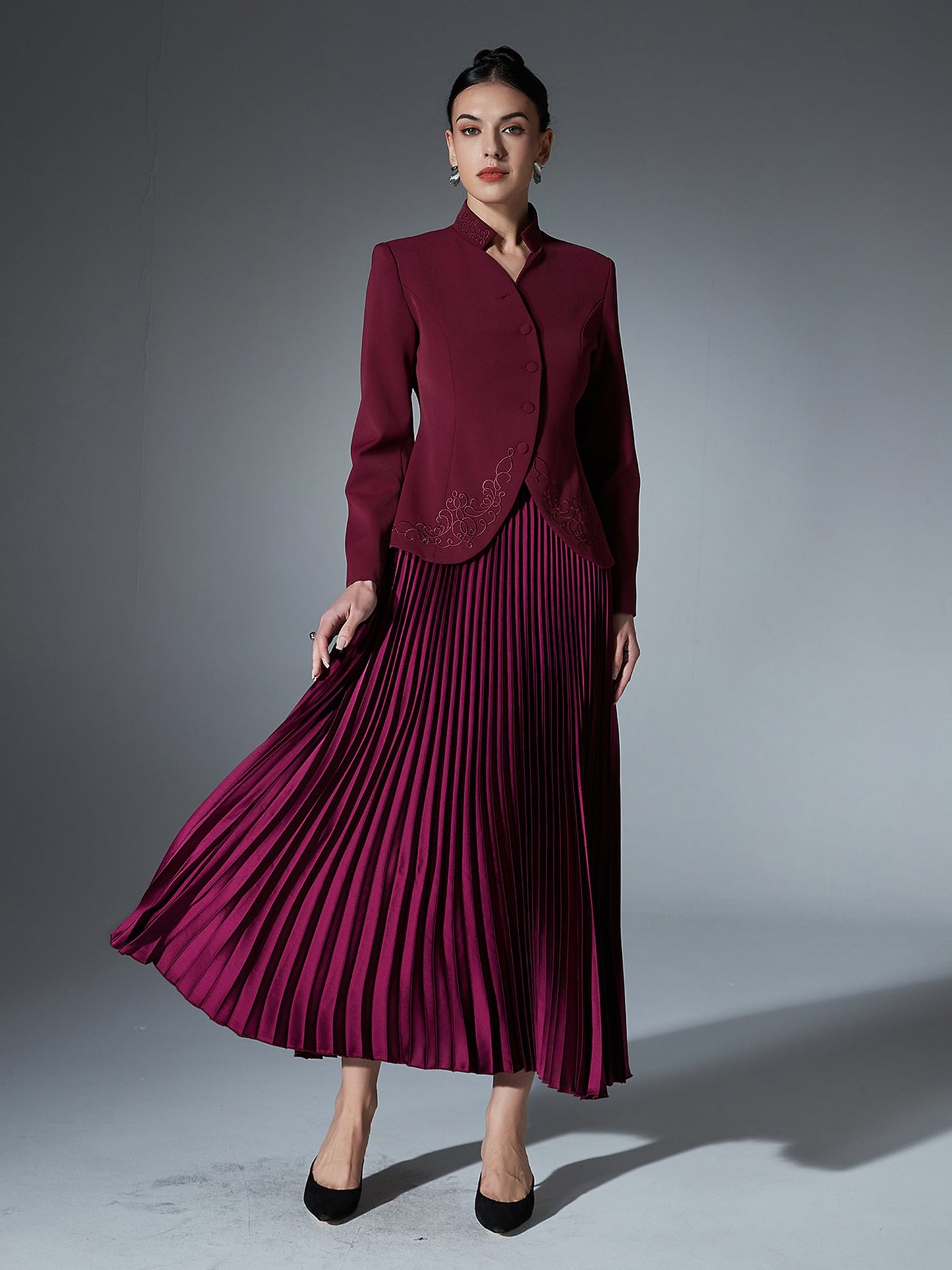 Elegant Burgundy Embroidered Jacket and Pleated Skirt Suit - SISPELL