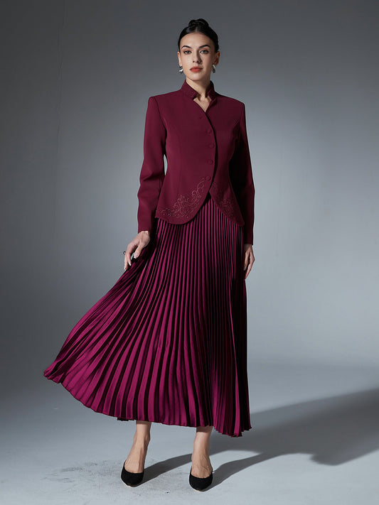Elegant Burgundy Embroidered Jacket and Pleated Skirt Suit - SISPELL