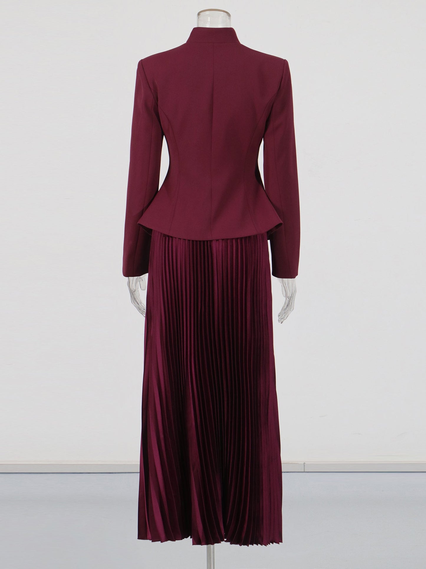Elegant Burgundy Embroidered Jacket and Pleated Skirt Suit - SISPELL