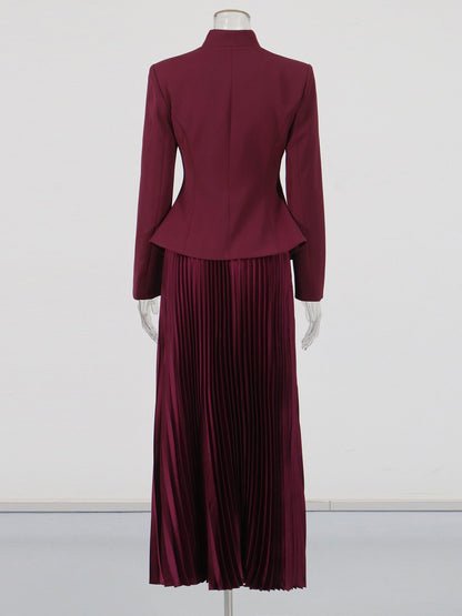 Elegant Burgundy Embroidered Jacket and Pleated Skirt Suit - SISPELL