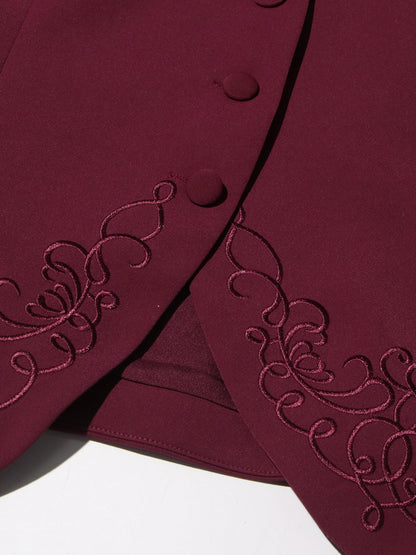 Elegant Burgundy Embroidered Jacket and Pleated Skirt Suit - SISPELL
