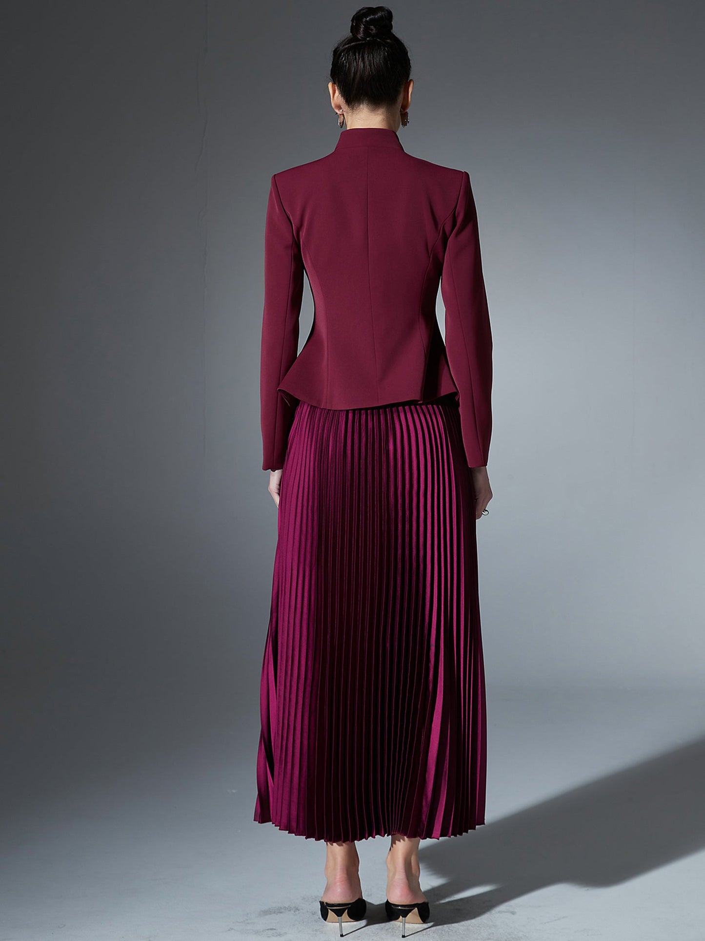 Elegant Burgundy Embroidered Jacket and Pleated Skirt Suit - SISPELL