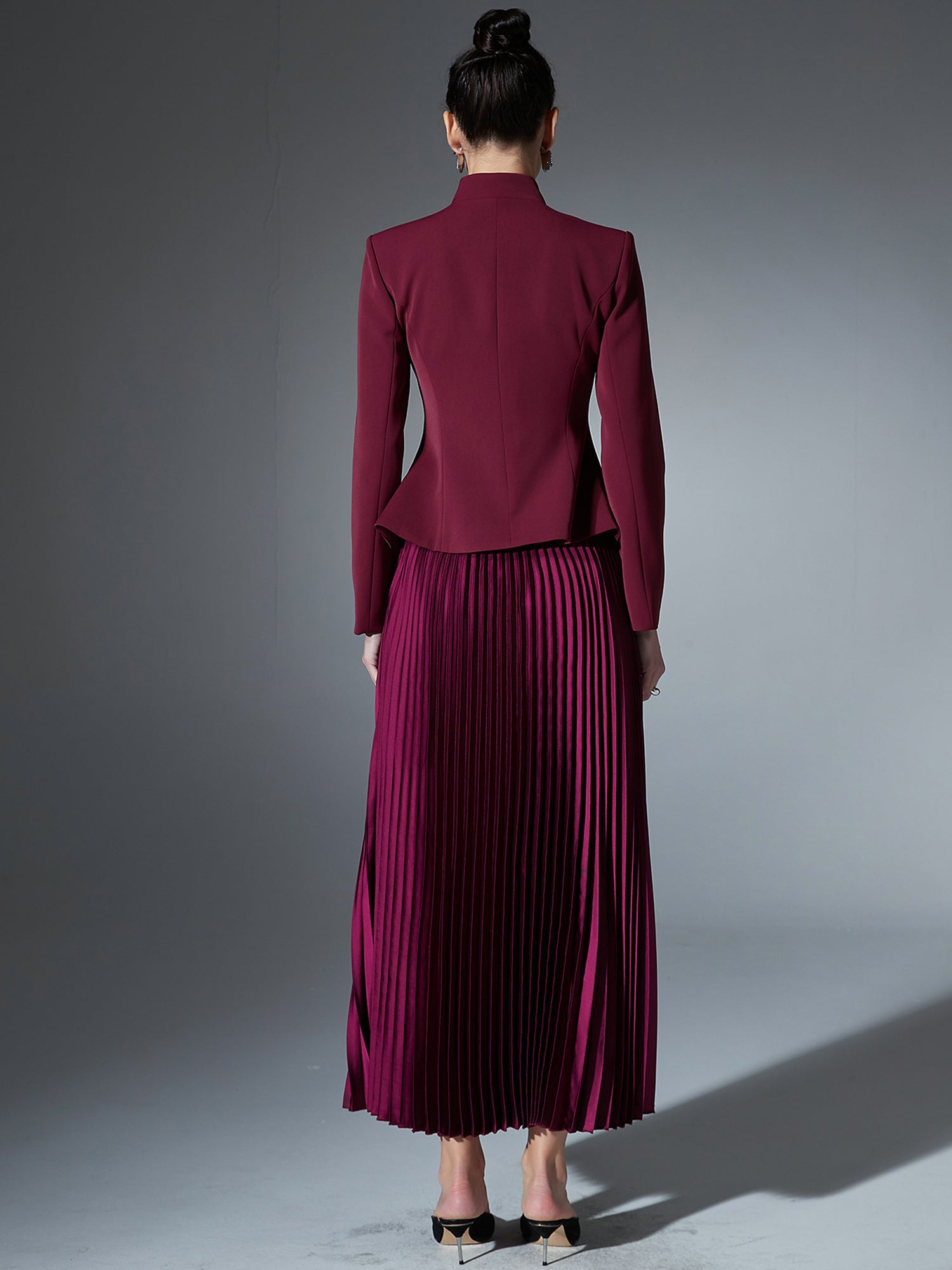 Elegant Burgundy Embroidered Jacket and Pleated Skirt Suit - SISPELL