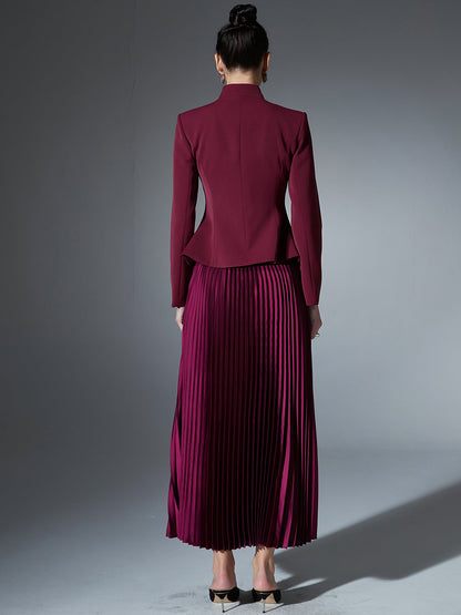 Elegant Burgundy Embroidered Jacket and Pleated Skirt Suit - SISPELL