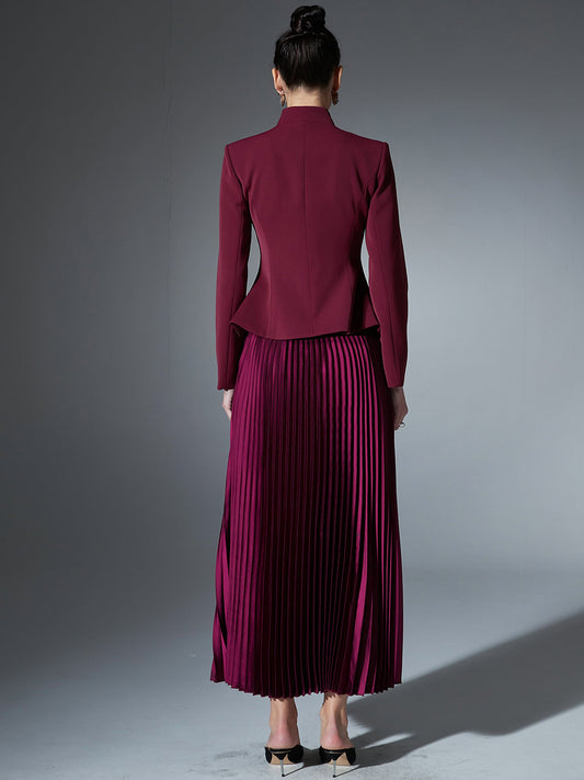 Elegant Burgundy Embroidered Jacket and Pleated Skirt Suit - SISPELL