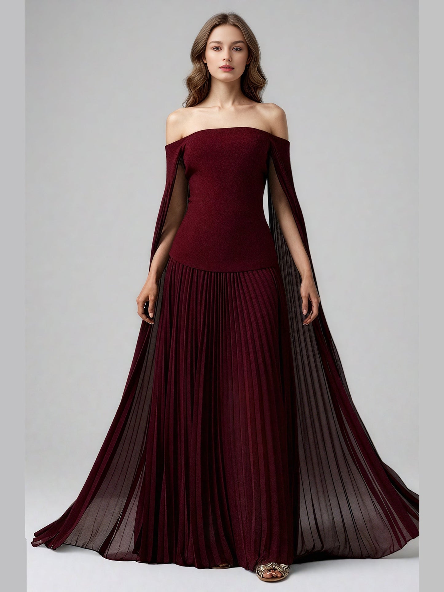 Elegant Burgundy Off - the - Shoulder Top and Pleated Skirt Set - SISPELL
