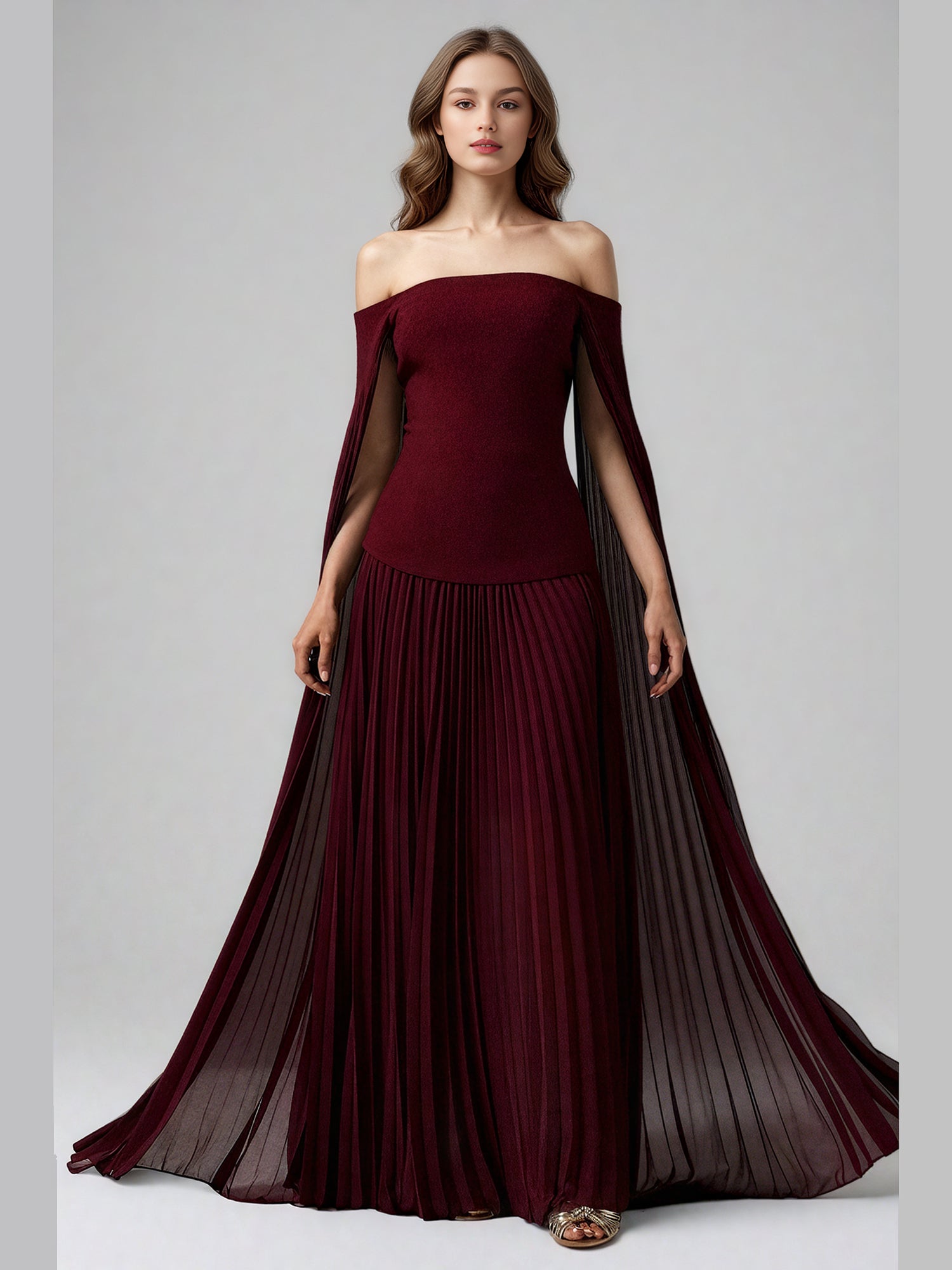 Elegant Burgundy Off - the - Shoulder Top and Pleated Skirt Set - SISPELL