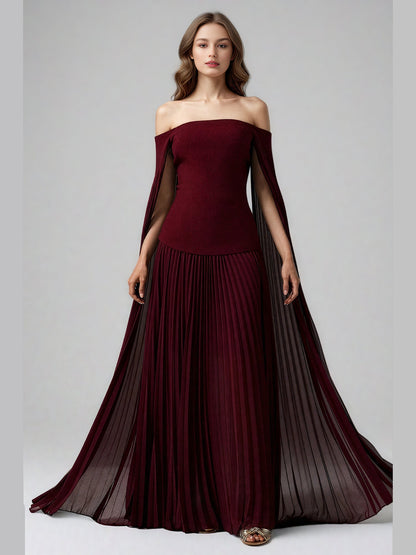 Elegant Burgundy Off - the - Shoulder Top and Pleated Skirt Set - SISPELL