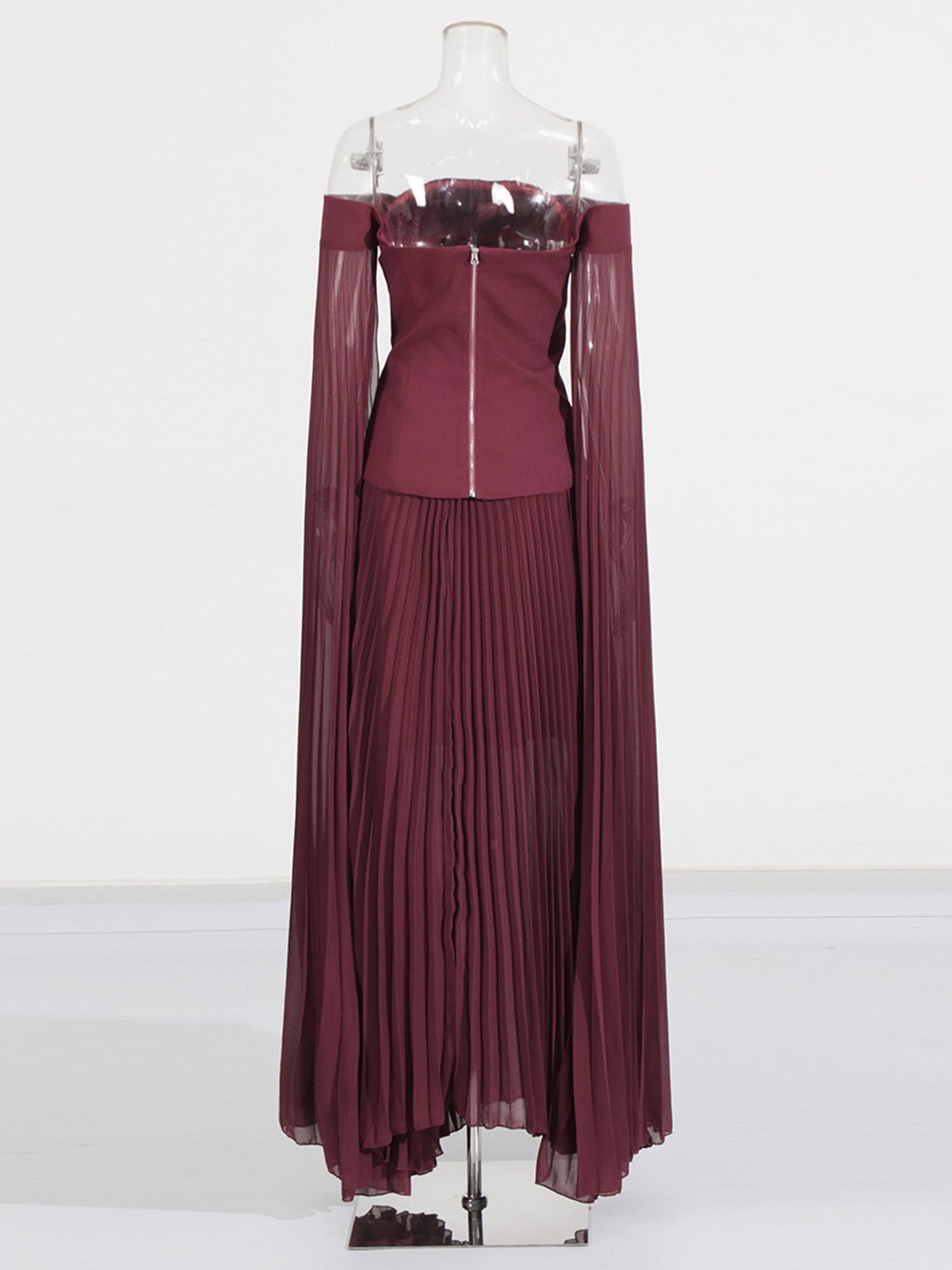 Elegant Burgundy Off - the - Shoulder Top and Pleated Skirt Set - SISPELL