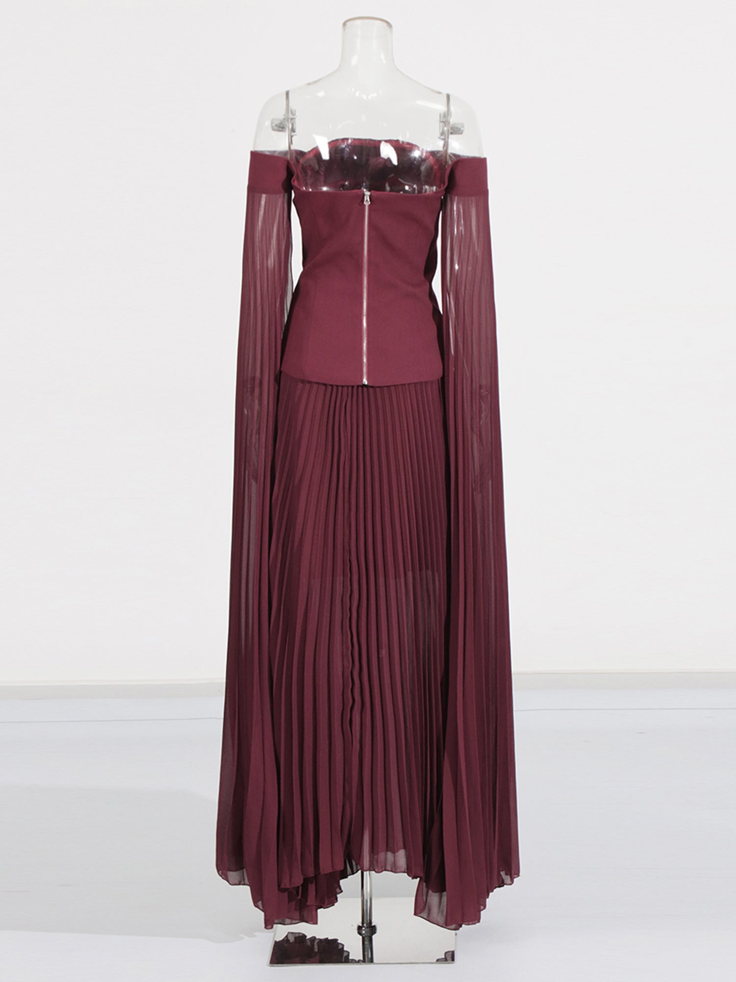 Elegant Burgundy Off - the - Shoulder Top and Pleated Skirt Set - SISPELL